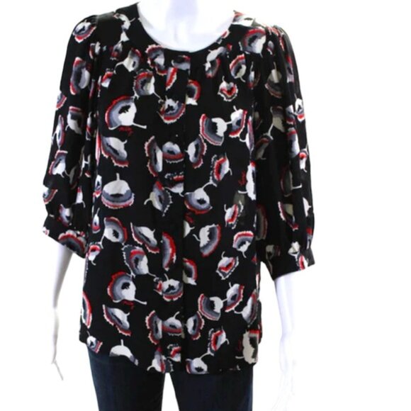 Milly Silk Floral Poppy Puff Sleeves Logo Print Button Top Blouse Oversize Shirt - Picture 1 of 15